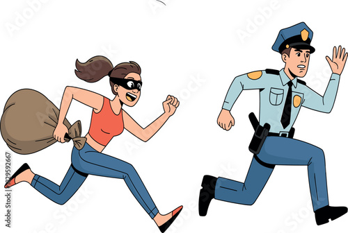 Running Thief Woman with Sack Being Chased by Police Officer - Crime and Law Enforcement Cartoon Vector