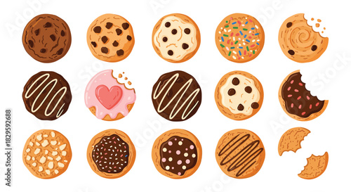 A collection of colorful and delicious cartoon cookies, including chocolate chip, frosted, sprinkled, and nut varieties, some with bites taken out.