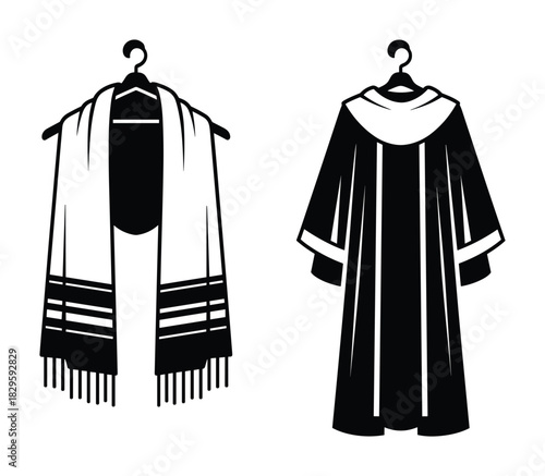 A black and white prayer shawl (tallit) on a hanger alongside a Jewish prayer robe (kittel)