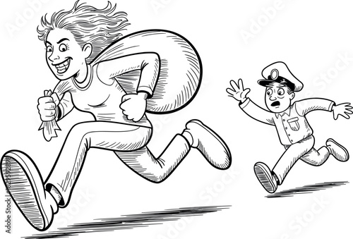 Engraving Style Female Thief Running with Bag Chased by Shocked Police Officer - Black and White Vector