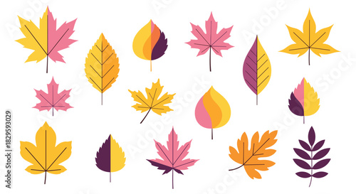 A collection of vibrant, stylized autumn leaves in various shapes and warm fall colors, perfect for seasonal designs and backgrounds.