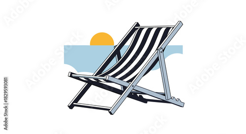 A classic striped deckchair on a beach with a minimalist sunset over the calm ocean, representing summer holidays and peaceful relaxation.