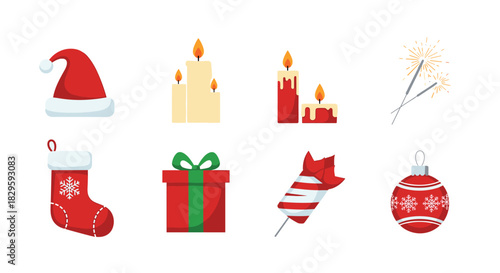 A cheerful collection of various Christmas holiday symbols and festive decorations, featuring iconic items like Santa's hat, stockings, candles, and ornaments.