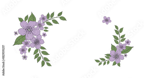Two elegant hand-drawn floral corner arrangements with purple blossoms and green leaves on a pristine white background, perfect for design accents.