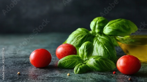 Fresh basil cherry tomatoes on rustic table