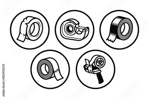 Set of round icons depicting various types of adhesive tape and tape dispensers