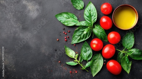 Fresh basil leaves with cherry tomatoes olive oil on dark background