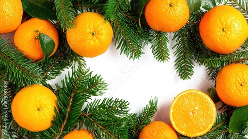 Festive arrangement of oranges pine branches