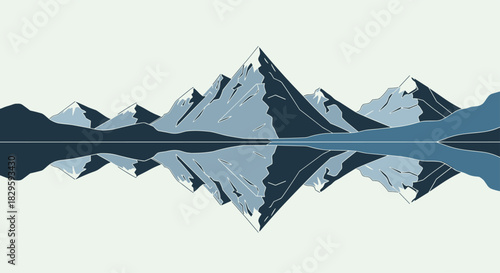 Stylized vector illustration featuring a range of majestic snow-covered mountains mirrored perfectly in the calm, still waters of a pristine alpine lake.