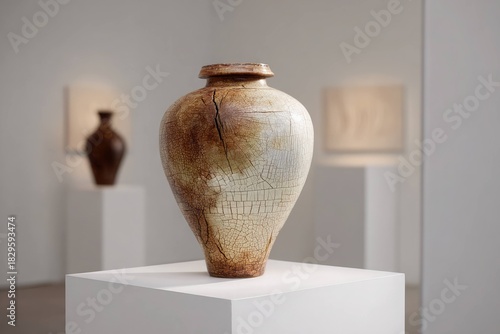 Cracked ceramic amphora displayed on pedestal in modern gallery