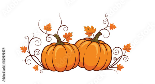Two decorative orange pumpkins with whimsical autumn vines and vibrant fall leaves, an emblem of harvest season.