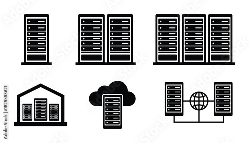 Set of server rack icons depicting data centers, cloud storage, and network connections in a digital infrastructure environment