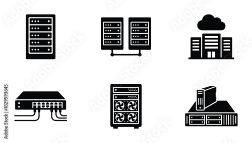 Server rack data center switch cloud building and cooling system icon set
