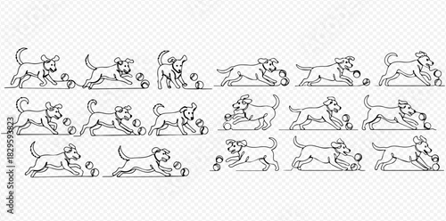 Line art animation frames of a dog playing with a ball, showing various running, jumping, and interacting poses in a dynamic sequence.