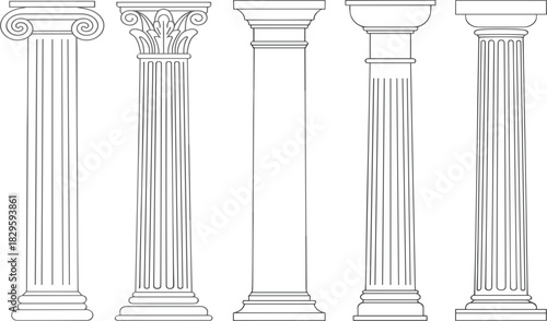 Classical Architectural Column Orders Vector Set, Greek Roman Pillars, Line Art Outline, Doric, Ionic, Corinthian Columns, History Illustration