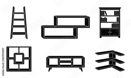 Shelving furniture icons set featuring various modern and functional bookshelf designs for home or office