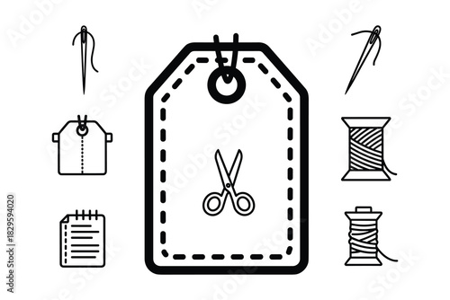Set of sewing and tailoring icons including needles, thread spools, a shirt, a notepad, and a central tag with scissors