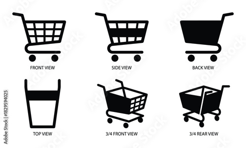 Shopping cart views set of simple black and white vector icons showing various perspectives of a market trolley