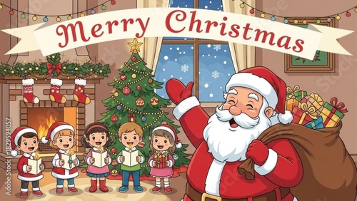 A cheerful Santa Claus with a bag of gifts, standing in front of a decorated Christmas tree with presents and a fireplace in the background.