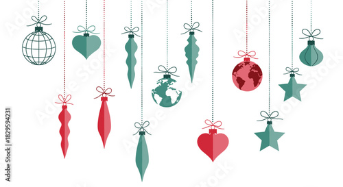 A collection of modern Christmas ornaments in red and teal, including hearts, stars, icicles, and globes, hanging from dotted lines on a white background.