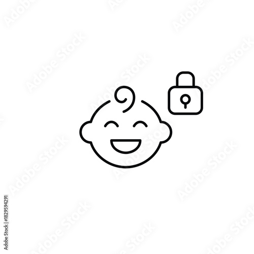 Happy baby boy and lock. Child safety, parental control. Pixel perfect, editable stroke vector icon
