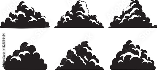 Six stylized cloud illustrations in black silhouette against a white background, arranged in a two-by-three grid.