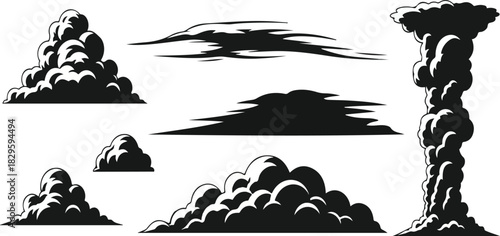 Collection of stylized cloud illustrations in black and white, including cumulonimbus, cirrus, and mushroom cloud shapes.