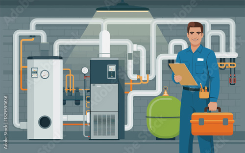 Plumber with Tools and Boiler System Illustration
