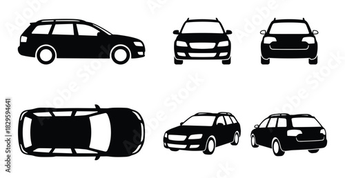 Station wagon car icon set with six different views side front back top and isometric isolated on white background