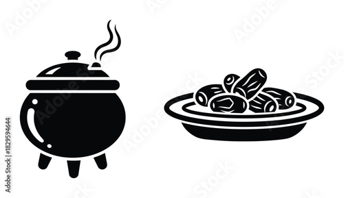 Black and white icon set featuring a steaming cooking pot and a dish of dates for food related designs