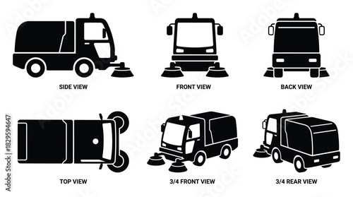 Street sweeper truck icon set with six different views side front back top and isometric isolated on white background