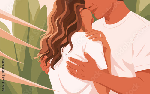 Couple Embracing with Affectionate Gesture Amidst Natural Greenery