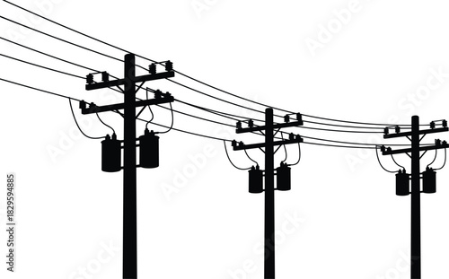 High-contrast silhouette of utility poles and overhead power lines, transformerscumentation