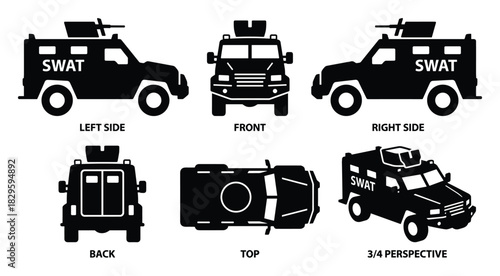 Set of black vector icons depicting various views of a SWAT armored vehicle for law enforcement graphics