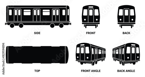 Compilation of black vector icons presenting different views of a modern subway train for urban transportation themes