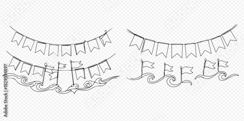 Hand-drawn outline illustration of decorative pennant flags and small flags with wavy elements, perfect for celebrations and nautical themes.