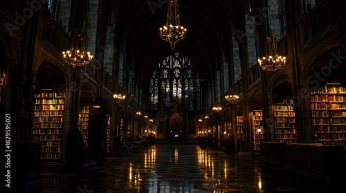 Ancient library hall with ornate details and vast book collections.
