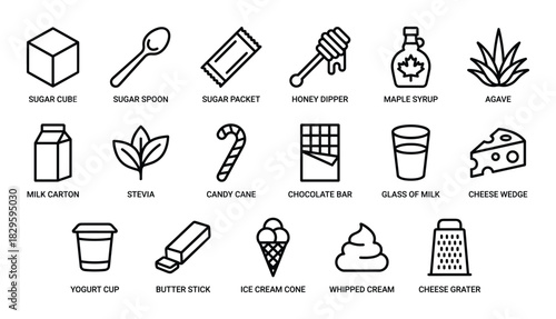Milk and sugar ingredients outline icon set including carton spoon packet and agave vector illustration