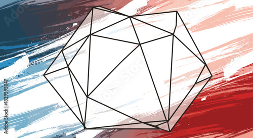 An abstract wireframe geometric shape sits on a textured background featuring bold brush strokes of blue, white, and red.