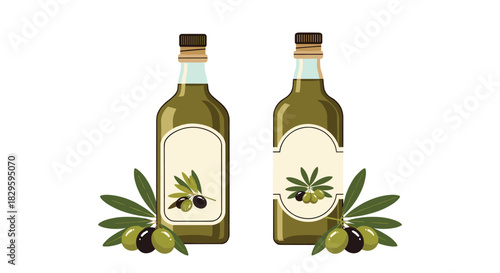 Two stylized bottles of olive oil with decorative labels and fresh green and black olives, set against a clean white background.