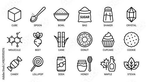 Sugar and sweet foods outline icon set including molecule beet cane and lollipop vector illustration