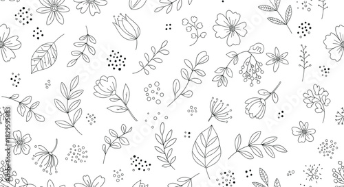Monochrome botanical seamless pattern with minimalist hand-drawn flowers, leaves, and berries, scattered across a white background for a gentle and natural aesthetic.