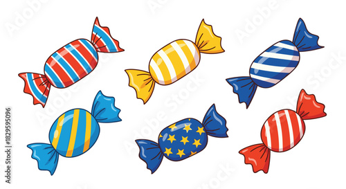 A collection of colorful wrapped candies featuring stripes and star patterns on a white background.