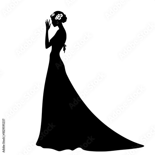 “A minimalist silhouette portrait of a woman in profile, rendered in solid black against white. Her long styled hair and elegant gown are outlined with smooth curves, accompanied by floral accents dri