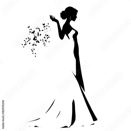 “Full-body female silhouette in a sophisticated evening gown with a soft, trailing skirt. Her hand is raised gently, creating an arc of floral decorations. High-contrast black-and-white, elegant and m