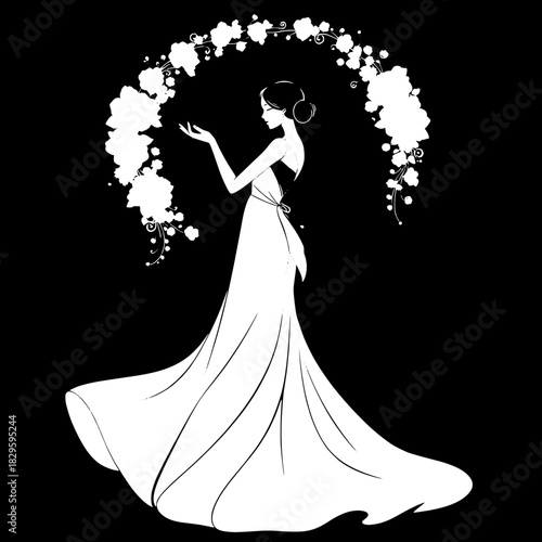 “Full-body female silhouette in a sophisticated evening gown with a soft, trailing skirt. Her hand is raised gently, creating an arc of floral decorations. High-contrast black-and-white, elegant and m