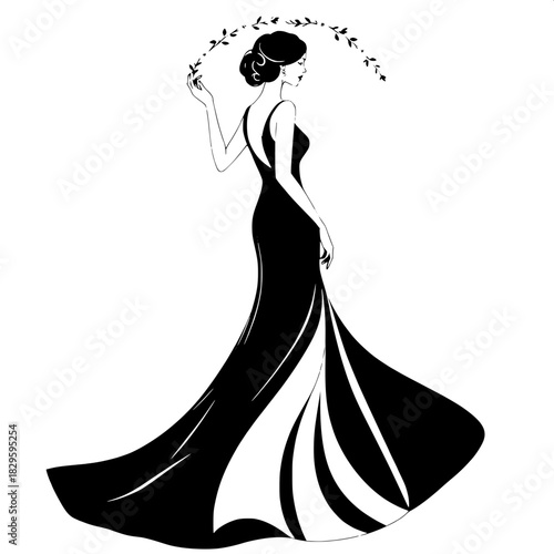 “Full-body female silhouette in a sophisticated evening gown with a soft, trailing skirt. Her hand is raised gently, creating an arc of floral decorations. High-contrast black-and-white, elegant and m