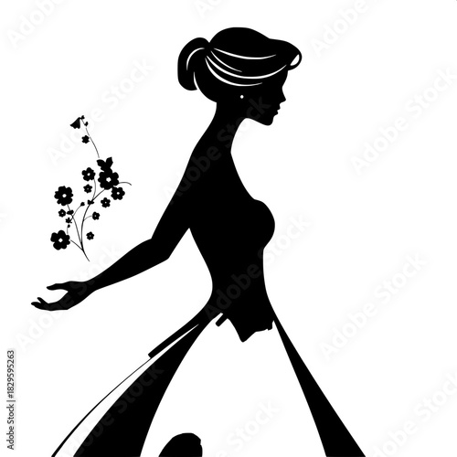 “Full-body female silhouette in a sophisticated evening gown with a soft, trailing skirt. Her hand is raised gently, creating an arc of floral decorations. High-contrast black-and-white, elegant and m