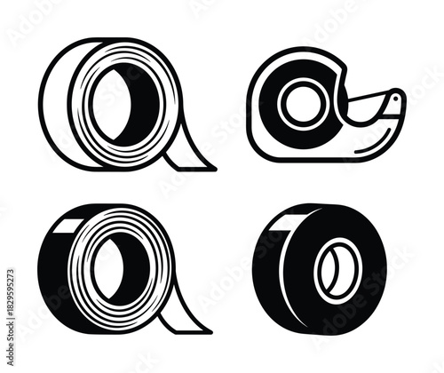 Set of black and white tape icons featuring various types of adhesive tape and dispensers for office and craft use