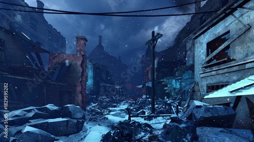 Winter city destroyed by war.  An animation on the theme of war and destruction.	

